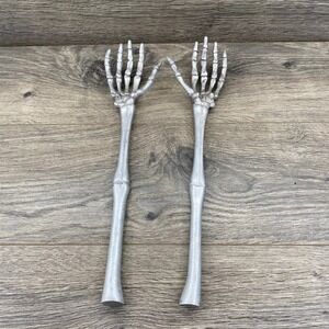 Silver Metal Skeleton Hand Salad Servers Gothic Halloween Decor 13 Inch Pair